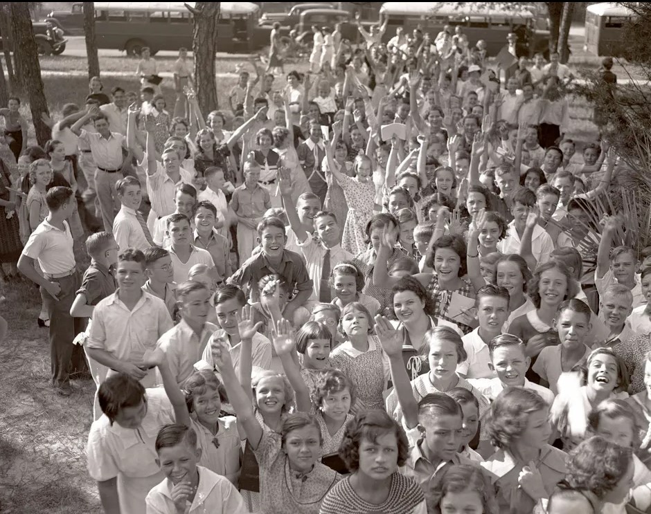 1930s vintage photo from Sept. 1936--Students wait to enter school on the first day in 1936. Duval County schools term begins. Vintage Back to School Photo