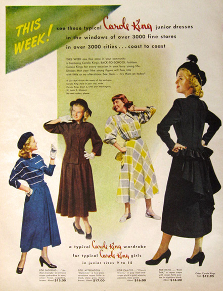 1940s vintage advertisement for young women's back to school fashions from Carole King. Fantastic 1940s fashion inspiration.