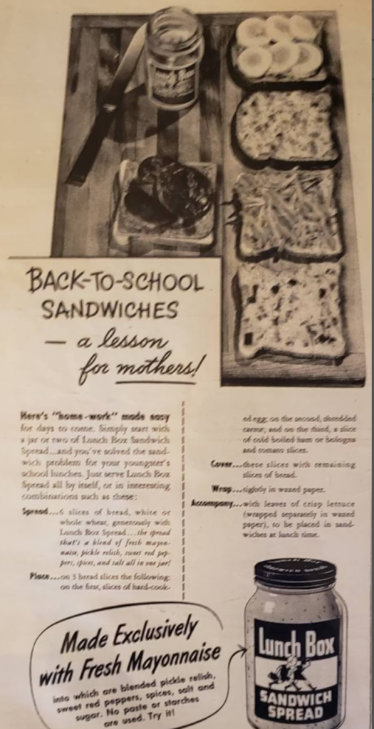 1940s vintage advertisement: 1949 LUNCH BOX Sandwich Spread (made with Mayonnaise) for Back to School Sandwiches 