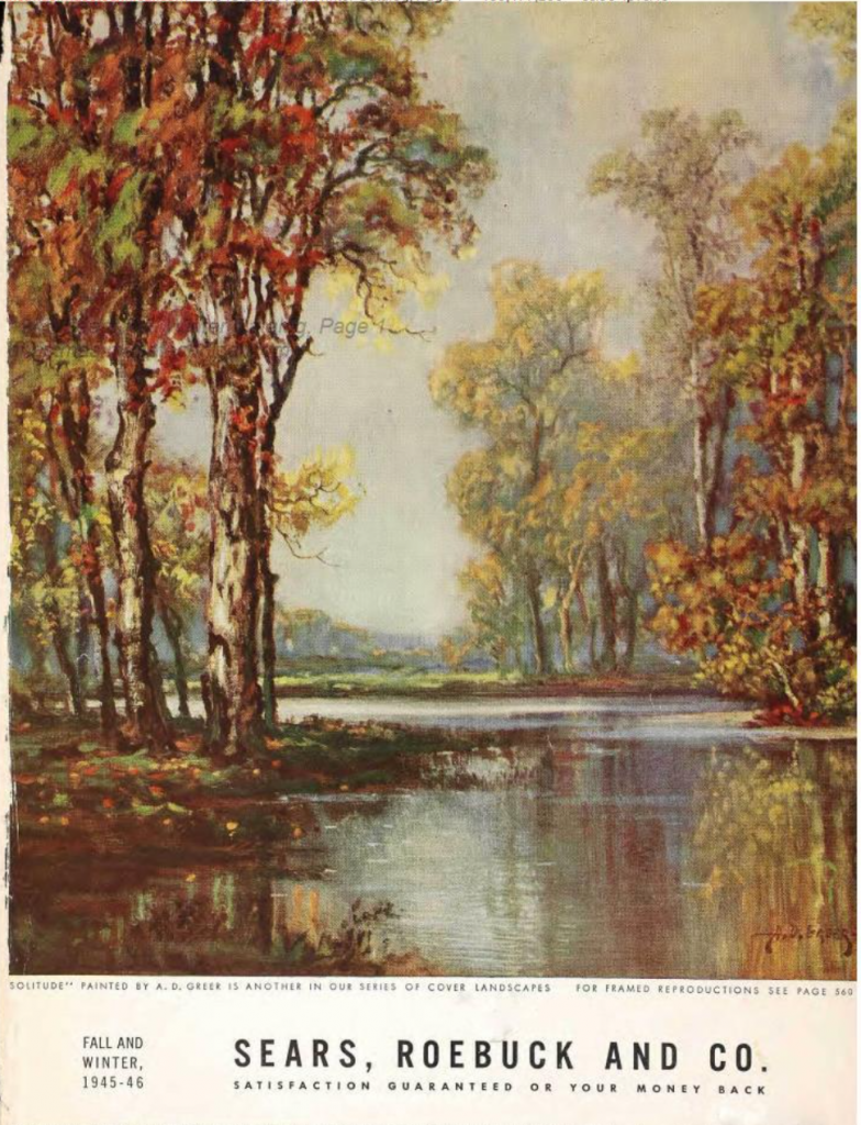 1940s vintage catalog: A beautiful outdoor scene of Autumn trees in stunning reds, and yellows with a river running thru them, is for the 1945-46 Fall and Winter Sears Catalog.