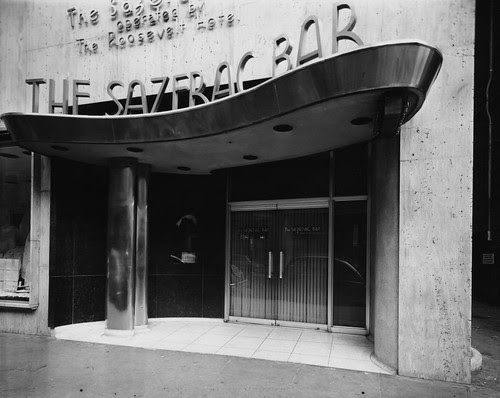 1940s vintage photo of the Sazerac Bar entrance at the Roosevelt Hotel in New Orleans.