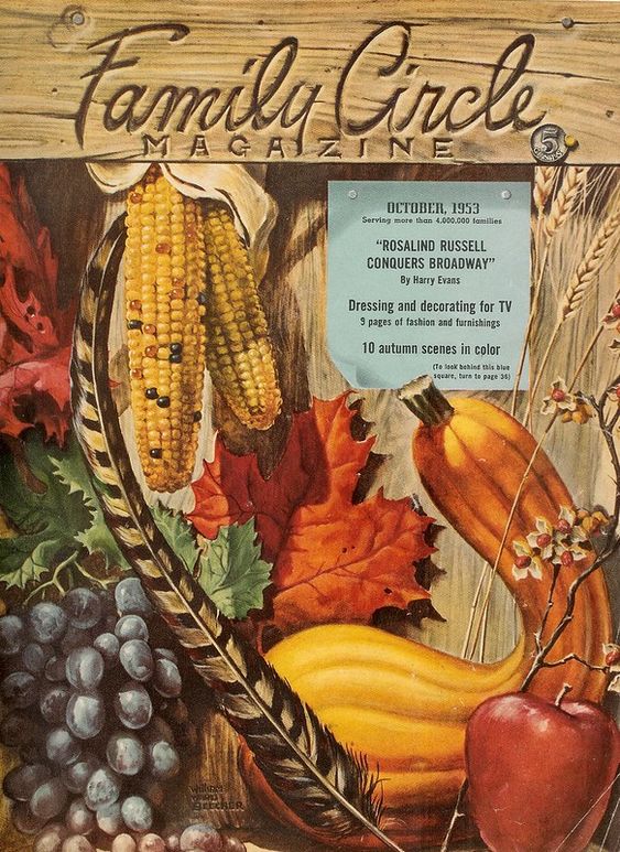 1950s magazine cover from Family Circle magazine October 1953 featuring an illustration of fall foods and fall leaves and other items