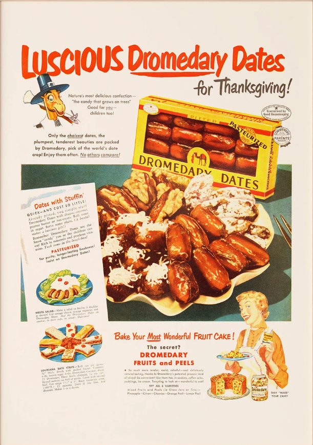 1950s vintage advertisement for 'Dromedary Dates' for Thanksgiving featuring retro recipes for 'dates with stuffing, fiesta salad and date finger sandwiches'