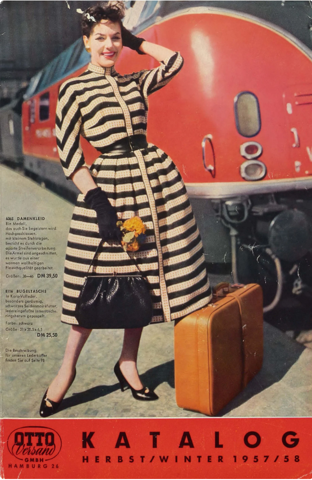 1950s vintage catalog: OTTO Versand Catalog Autumn / Winter 1957 / 1958 (from Germany). Stylish train travel! LOVE the stripped 1950s dress on the cover.