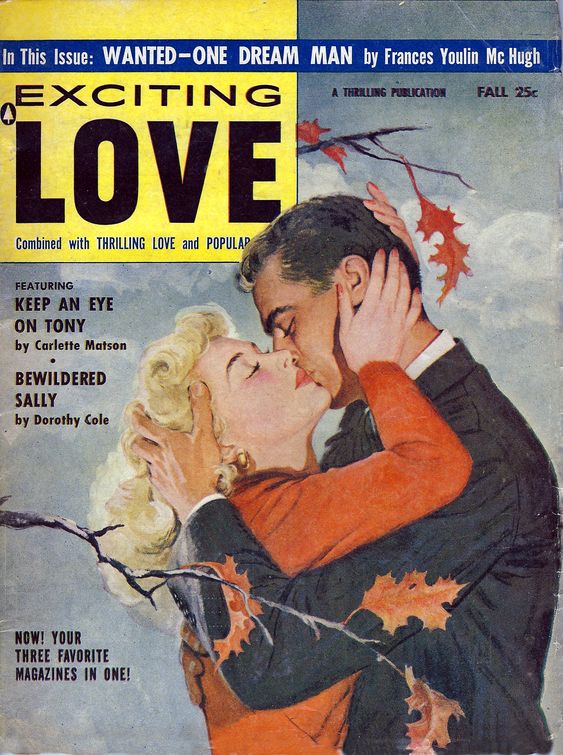 1950s Romance Magazine: EXCITING LOVE the Fall Edition featuring a couple kissing beside the leaves that have turned color. 