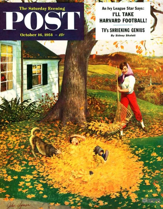 1950s vintage magazine cover: Saturday Evening Post October 16th, 1954 featuring a woman racking fall leaves in her front lawn. Artist: John Clymer 