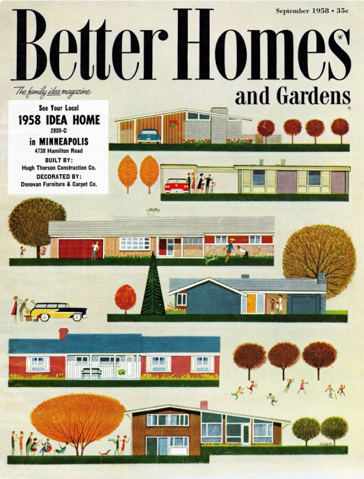 1950s vintage magazine cover from September 1958 Better Homes and Garden featuring illustrations of Mid Century Homes during Fall