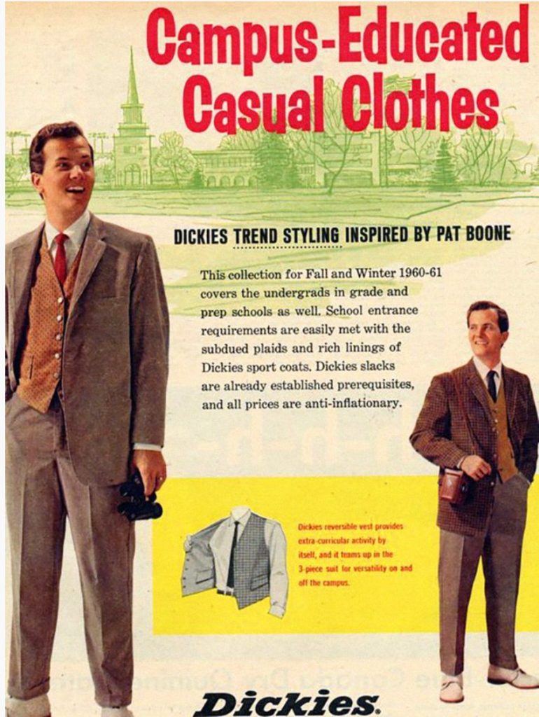 1960s young men's back to school fashion-1960s ad Fall & Winter 1960-61 sport coats & slacks for men. "Campus-Educated Casual Clothes". "Dickies trend styling inspired by Pat Boone"