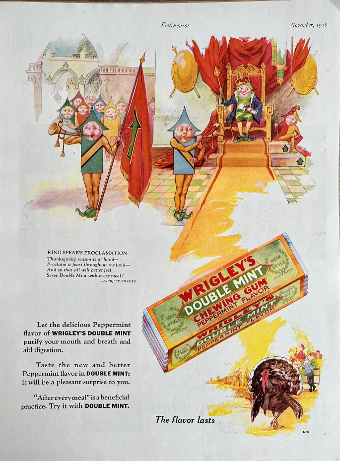 1920s Vintage Thanksgiving Ad: 1928 Wrigley's Double Mint Gum ad with 'Spearmen' King Spear rhyme and a Thanksgiving turkey