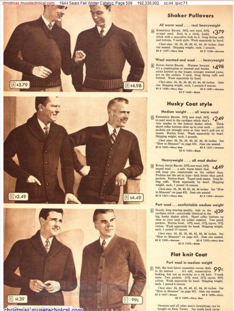 1940s Fashion for Men as seen in 1944 Sears Fall / Winter Catalog featuring men's sweaters and cardigans. 