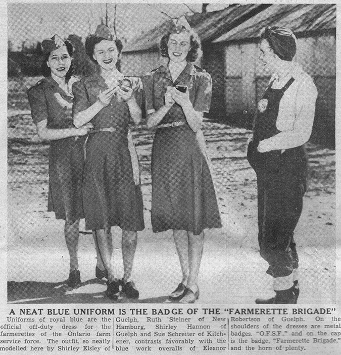 1940s vintage photo from a newspaper of young Canadian women in Farmerette Brigade uniforms. These young women helped with the home front effort during WW2 by working on Ontario farms. 