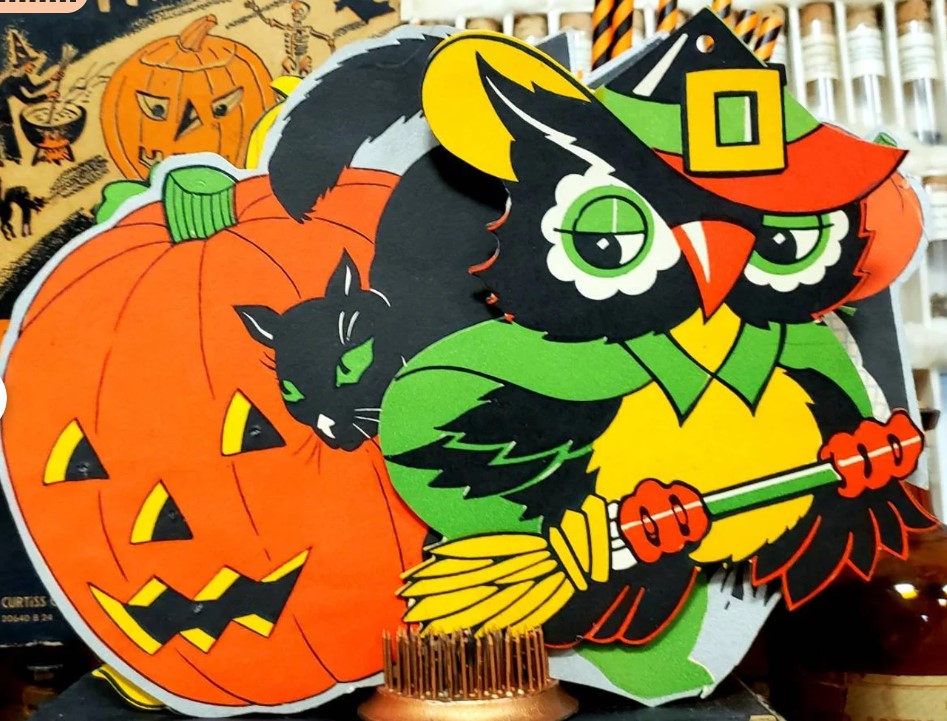 1950s Halloween Party Decorations - Vintage Halloween Art as seen in 1950s Halloween Cardboard Cutouts Featuring a cute witch owl and a carved pumpkin. 