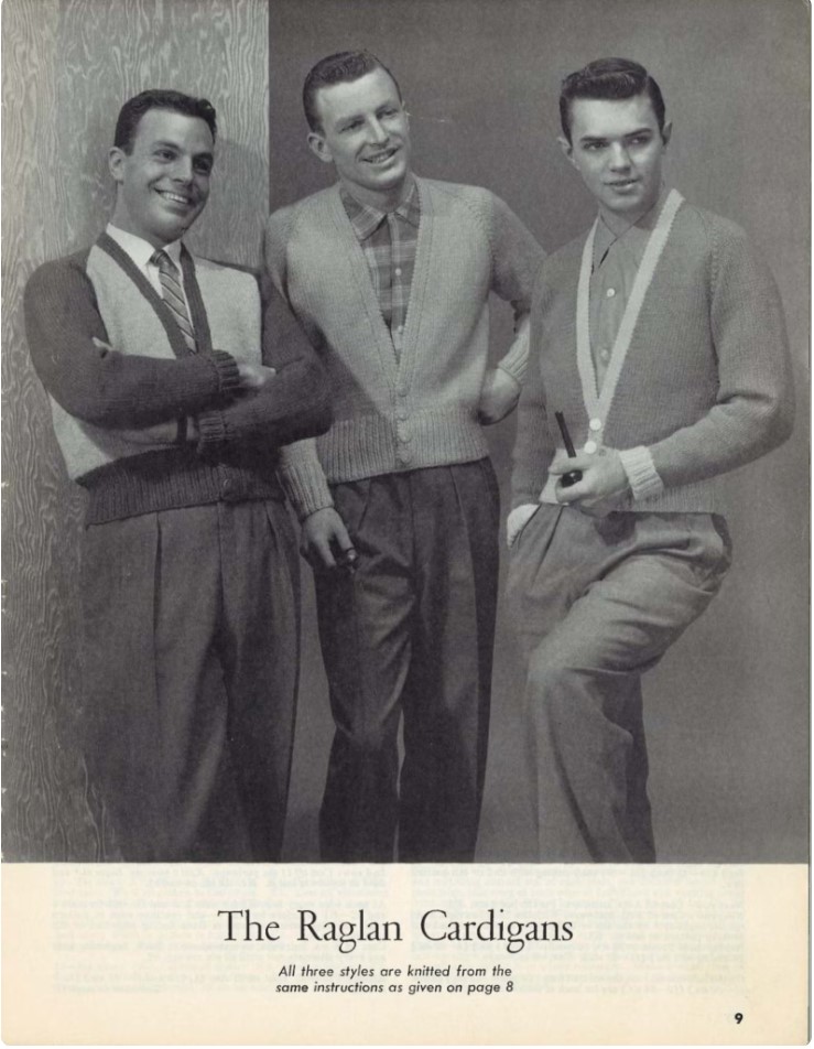 1950s Fashion: The Raglan Cardigans for men-1950s Cardigan Sweater / smoking jacket knitting patterns. 