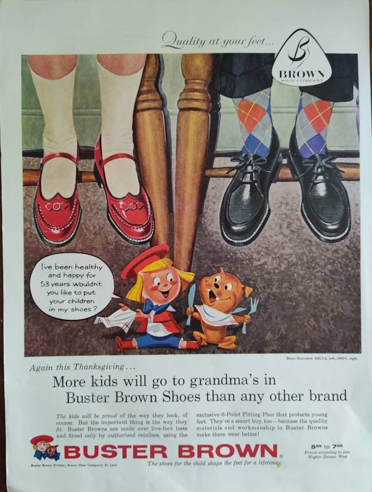 1957 Buster Brown Shoes advertisement. "Again this Thanksgiving...More kids will go to grandma's in Buster Brown Shoes than any other brand". The 1950s vintage ad features an image of boys and girls 1950s shoes. 