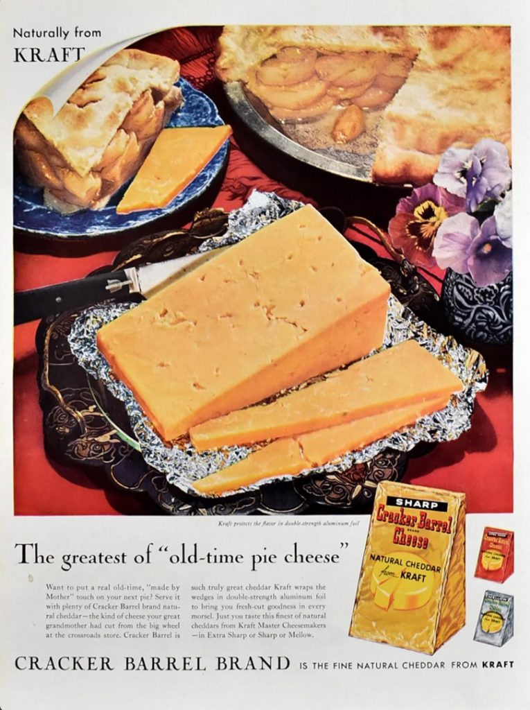 1950s Vintage Advertisement: 1958 Cracker Barrel cheddar cheese advertisement featuring cheese for your Thanksgiving Apple Pie. 