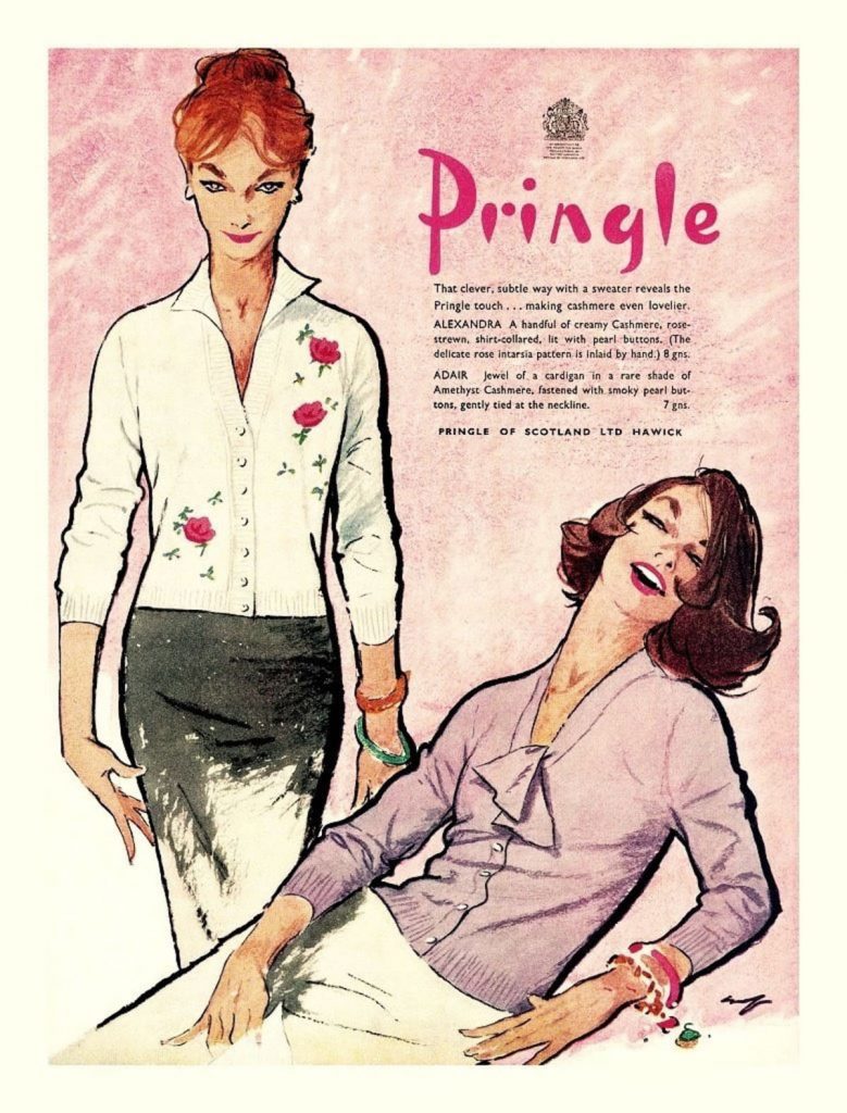 1950s vintage advertisement-1959 British advertisement for Pringle Knitwear featuring a pretty rose cashmere cardigan. Perfect for your spring outfit or even Fall Outfit. 