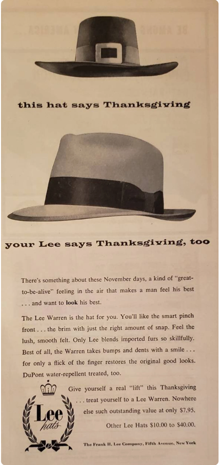 1950s Vintage Thanksgiving Advertisement: 1955 LEE WARREN hat ad for men. 1950s men's fashion.