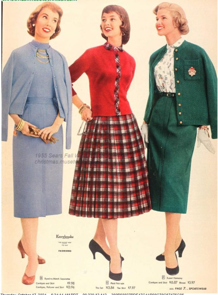 1950s Fashion / Fall Fashion Outfit Inspiration: 1955 Sears Fall / Winter Catalog featuring cardigans that match your plaid dress or your sweater and skirt or just the skirt. 