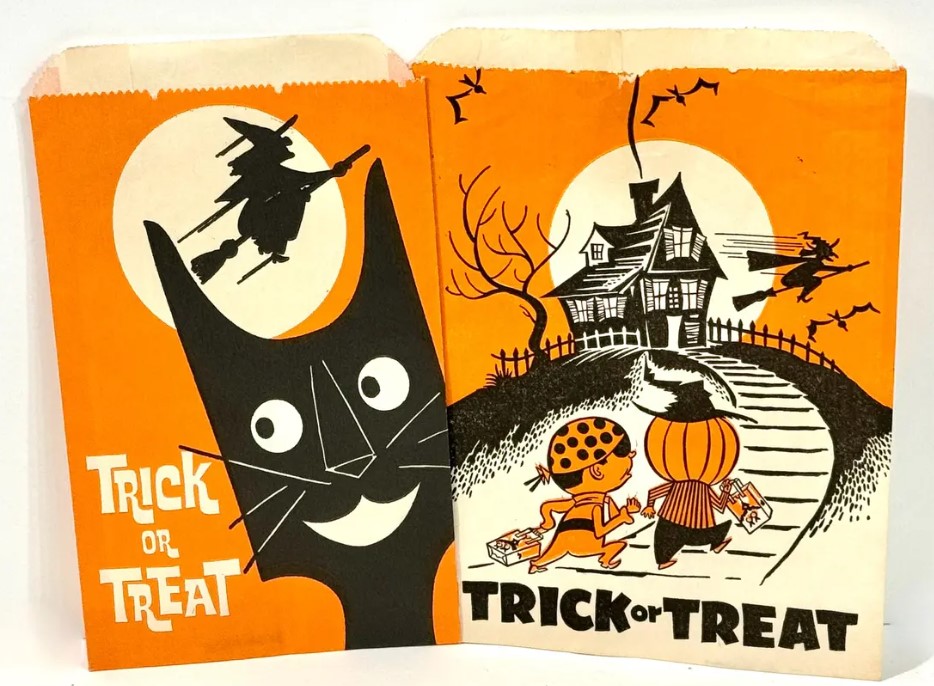 1950s Vintage Halloween Art: Vintage Halloween Candy Bags wiht a Cat with Witch, Kids trick or treating to a Haunted House dressed in Halloween costumes. 