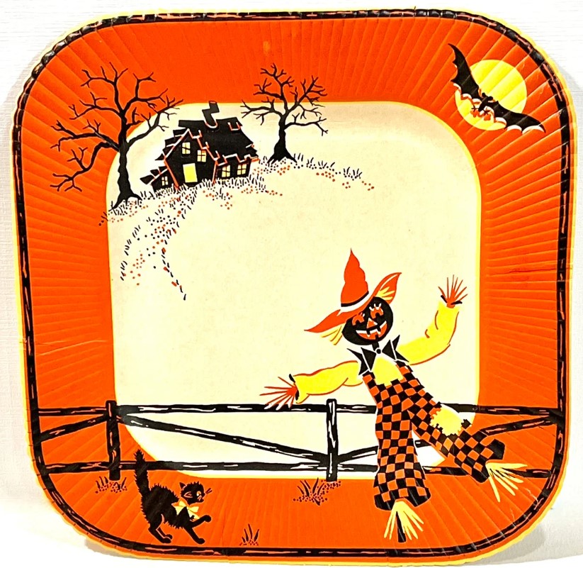 1950s vintage Halloween party plate featuring Halloween illustrations of a black cat, a scarecrow, haunted house and a bat. Fun Mid Century Halloween Art. 