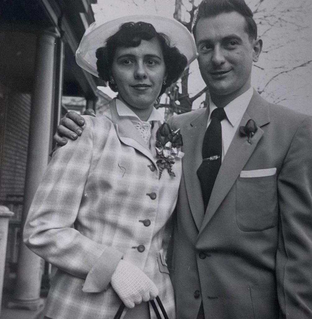 1950s Vintage Photo: Wedding Day April 1953. A lovely wedding day photo with our young bride sporting a stylish plaid jacket (I actually think it's a suit jacket as I see a pretty blouse poking out) and our groom in a lovely suit.