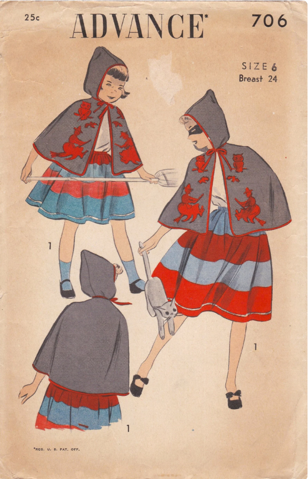 1950s Vintage Sewing Pattern-Girls Halloween Costume for a witch featuring a hooded cape & skirt and  witches & owls. 