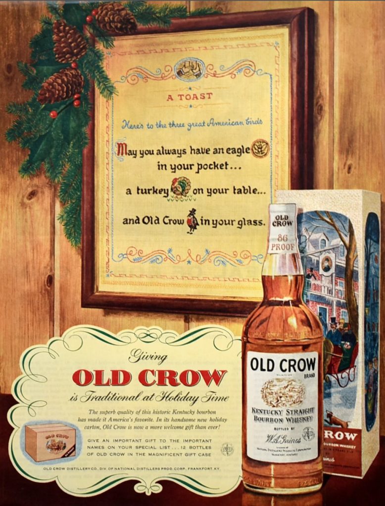 1950s vintage advertisement: 1956 Old Crow Kentucky Straight Bourbon Whiskey advertisement. Featured is a toast to the birds (eagle, turkey, crow).