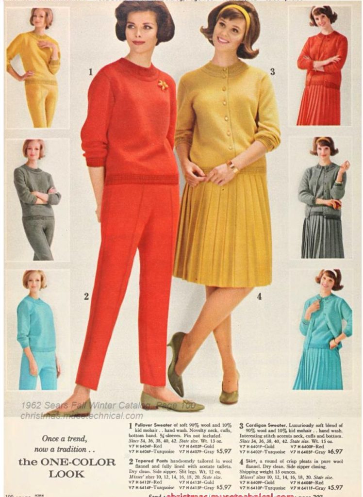 1960s Fashion / Fall Outfit / Winter Outfit Inspiration as seen in a 1962 Sears Fall / Winter Catalog. The page features cardigans, sweaters, skirts and pants in matching colours. 