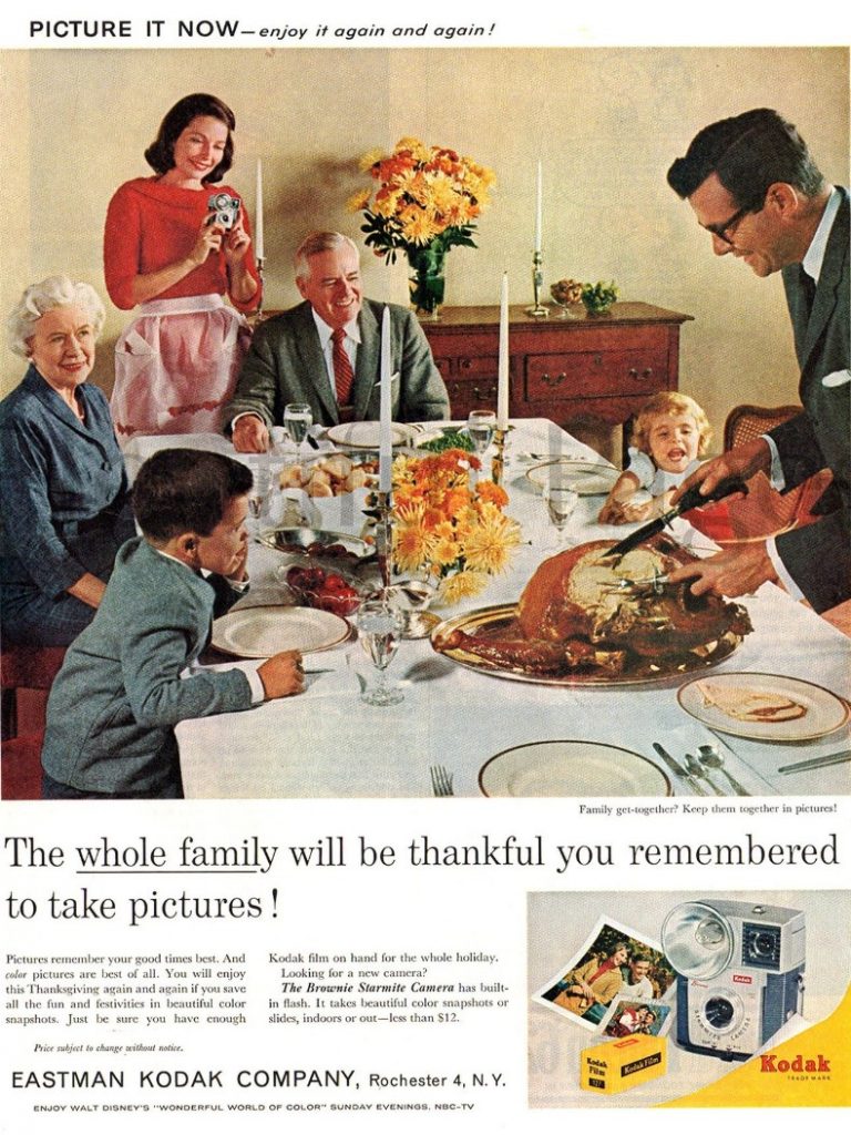 1960s vintage advertisement: 1961 Kodak Vintage Ad featuring a kodak camera taking photos at family thanksgiving