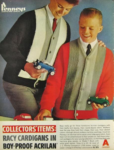 1960s Vintage Advertisement: Original vintage magazine ad for boy's cardigans at J.C. Penney. 1960s fashions for young men. 