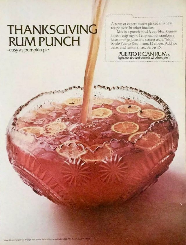 1960s vintage advertisement: Thanksgiving Rum Punch that is easy as pumpkin pie?  1968 Puerto Rican Rum vintage ad plus the punch recipe. 