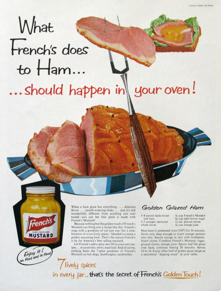 1960s vintage advertisement for French's mustard featuring a recipe for Golden Glazed Ham a Thanksgiving dinner staple