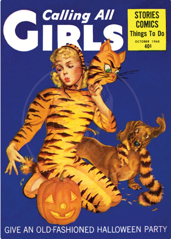 Halloween illustrated magazine cover from 'Calling All Girls' this time from October 1960 featuring a girl dressed as a Tiger and a feature on "Giving an Old-Fashioned Halloween Party". 