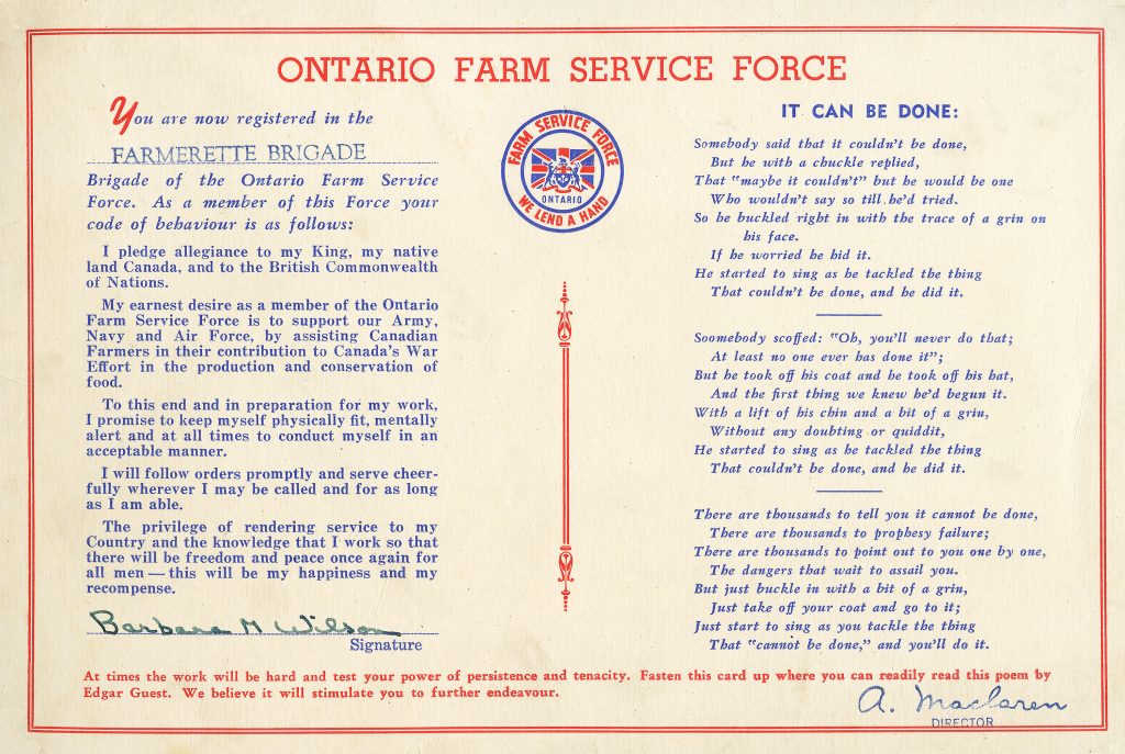 1940s Canadian Women's History: The Ontario Farm Service Force Farmerette Brigade pledge, signed by Bonnie Wilson. These young women were called 'Farmerettes' and they worked on farms helping to feed the soldiers overseas during WW2.