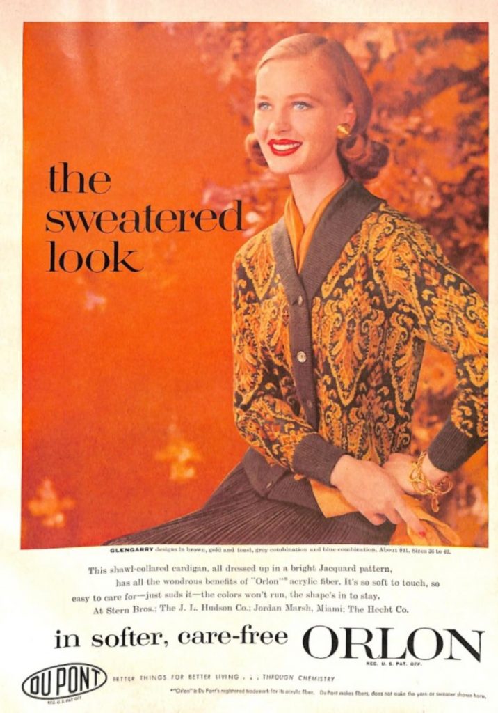 1950s Fashion / 1950s Advertising: Orlon ad for a Glengarry sweater, as published in the Mademoiselle magazine from October, 1956. Fantastic Fall Outfit Inspiration!