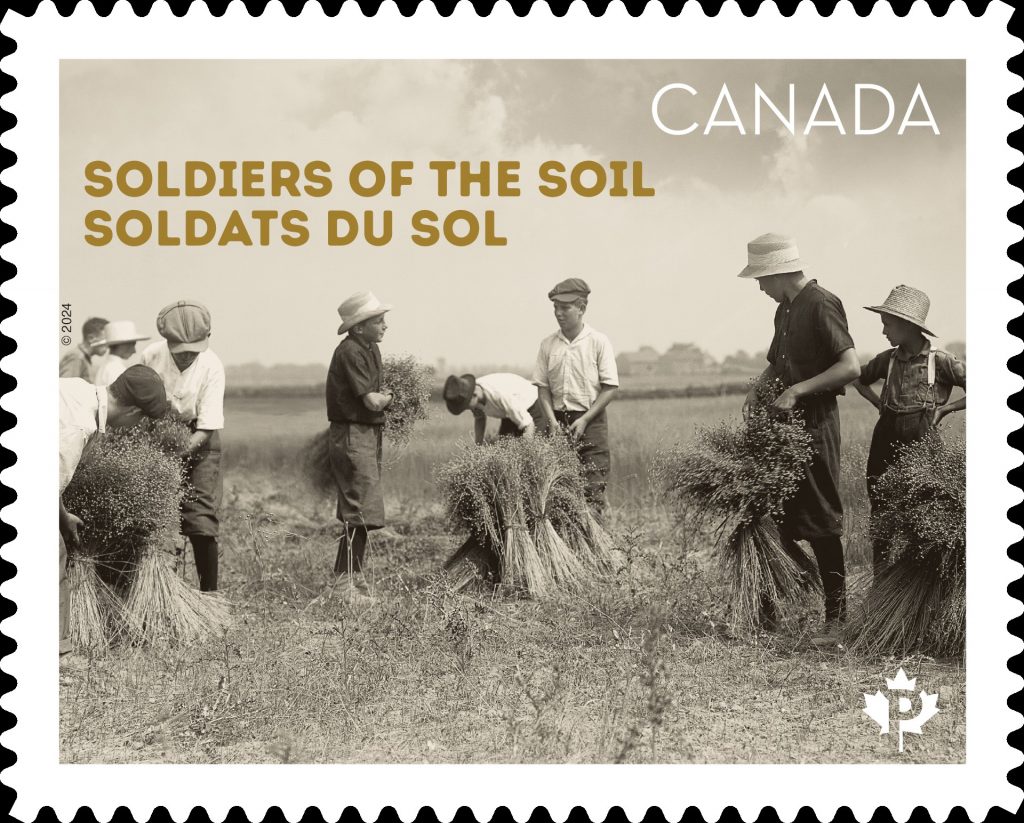 Vintage Photo from WW2 of young Canadian men working on a farm for the Homefront effort. They were called 'Soldiers of the Soil'. They are now a stamp from Canada Post. 