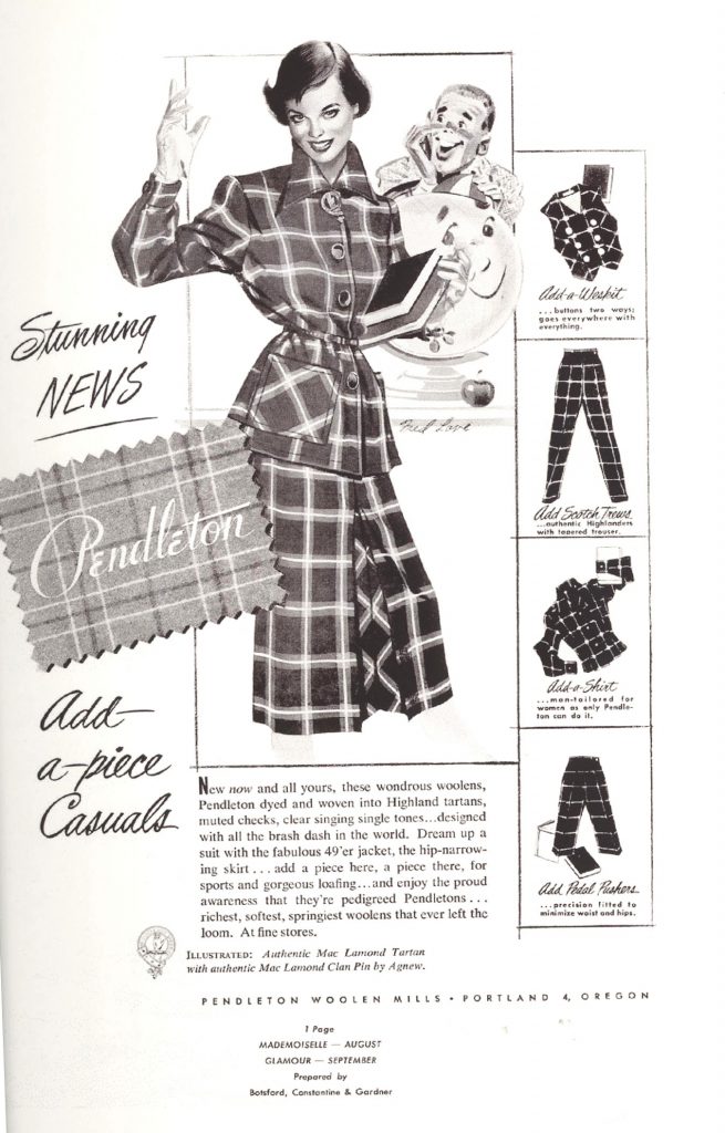 1950 Vintage Advertisement for the Pendleton 49'er Jacket. The ad was done by Fred Love in 1950. A college girl in a MacLamond tartan 49’er pretends to ignore the cartoonish interest of the college boy behind her, snug and stylish in her 49’er. Fantastic early 1950s fashion. 