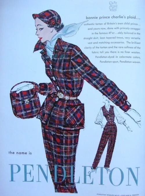 1950s Women's Fashion advertisement: fantastic example of the Prince Charle's Tartan this time on fashionable Pendleton clothing for women. The ad features the 49'er, a tailored straight skirt, tapered trews, a vest, purse and matching hat.