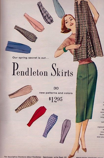 1956 vintage advertisement for Pendleton Skirts featuring an illustration of a 1950s woman surrounded by 1950s pencil skirts.