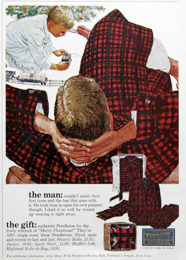 1960s Vintage Christmas Advertisement for Pendleton Men's Plaid / Tartan Robe, shirts and blanket. 