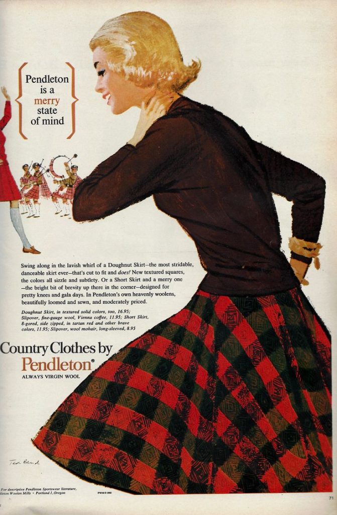 1960s Vintage Fashion Advertisement: 1962 Pendleton advertisement for a woman's plaid skirt called the "Doughnut skirt". Perfect for dancing in. 