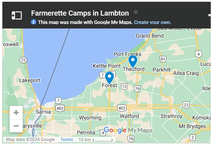 Farmerette camps in Lambton County: There were two large Farmerette Camps in Lambton County. One was at the high school in Forest and the other was a converted mill in Thedford.