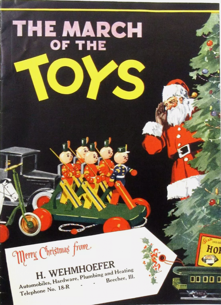 1920s vintage Christmas Catalog-The march of the toys from H. Wehmhoefer featuring an illustration of santa with toys.