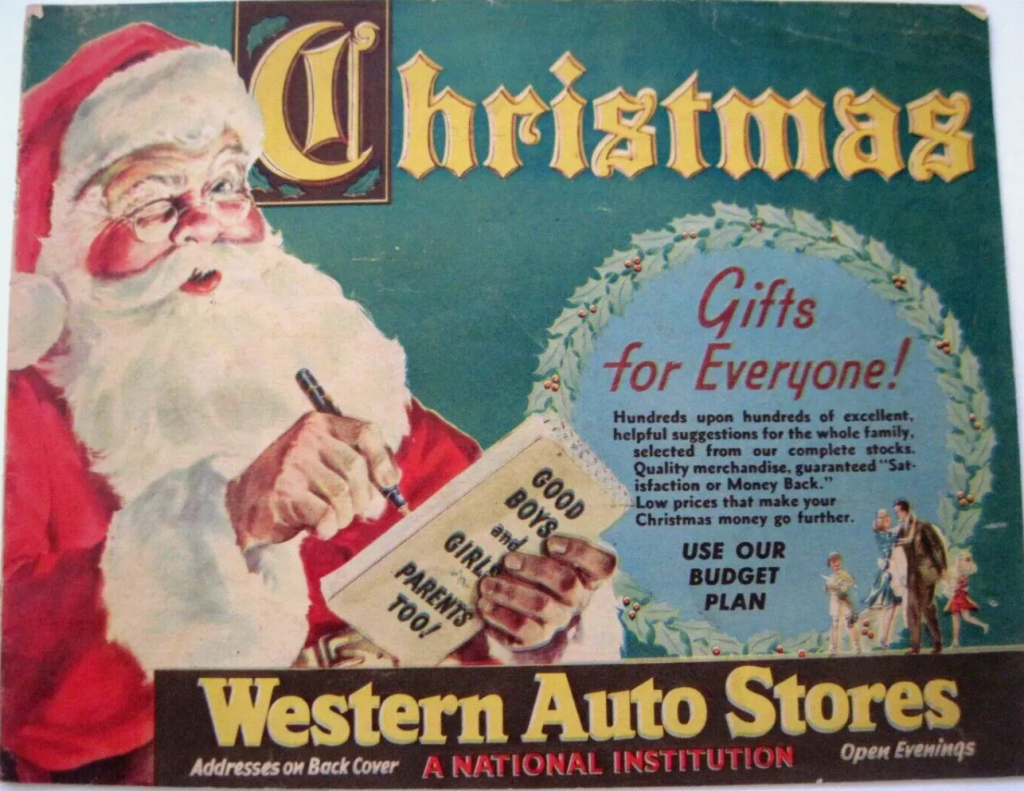 1930's Christmas Catalog "Western Auto Stores" "Christmas w/Gifts For Everyone". The cover features an illustration of Santa checking his list. 