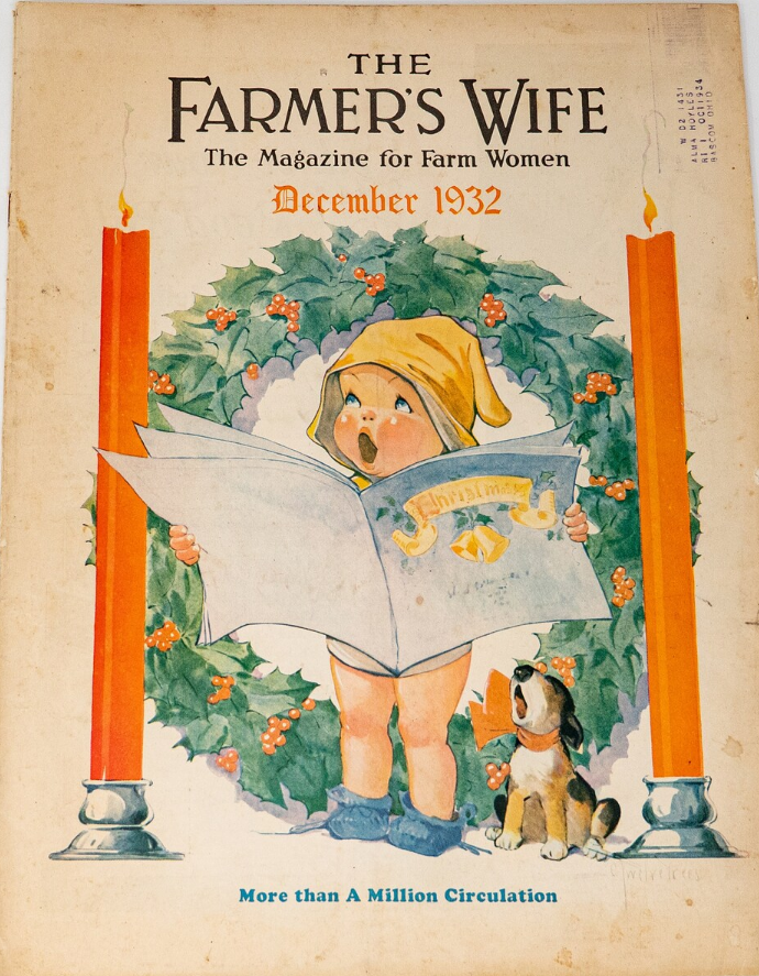 1930s vintage magazine: December 1932-The Farmer's Wife, The Magazine for Farm Women. Featuring an illustration of a little kids singing a Christmas carol with a dog. 