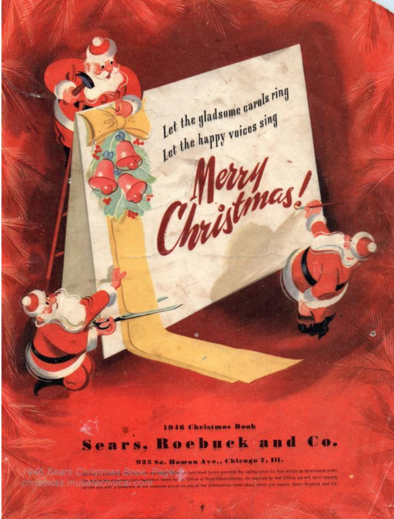 1940s vintage catalog: Sears 1946 Christmas Wish book featuring an illustration of Santa's on the covee