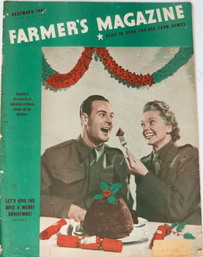 1940s Vintage Magazine: "Let's give the boys a Merry Christmas". December 1941 Farmer's Magazine featuring a man and woman in uniform enjoying a Christmas cake. 