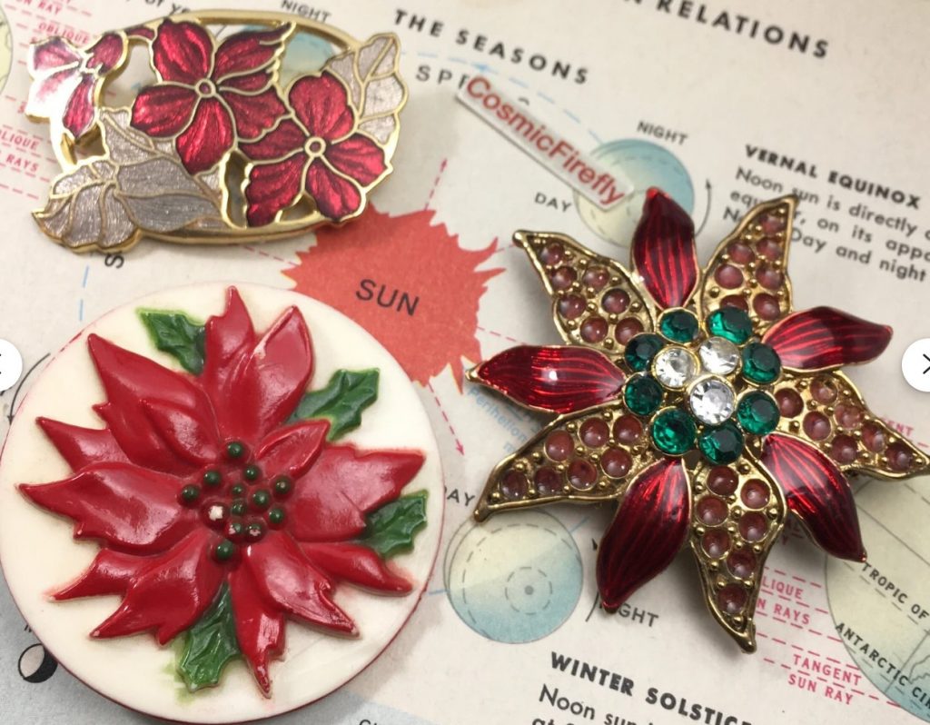 1950s Vintage Christmas Brooches / Christmas Pins of Poinsettia