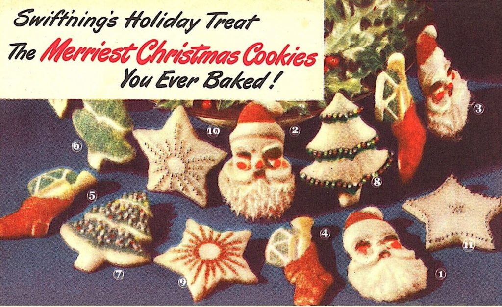 1950s Vintage Christmas Baking Ideas-1950s Swift’nings Merriest Christmas Cookies Recipe leaflet available as a PDF for instant baking. Fun Santa Cookies, stocking cookies and more. 