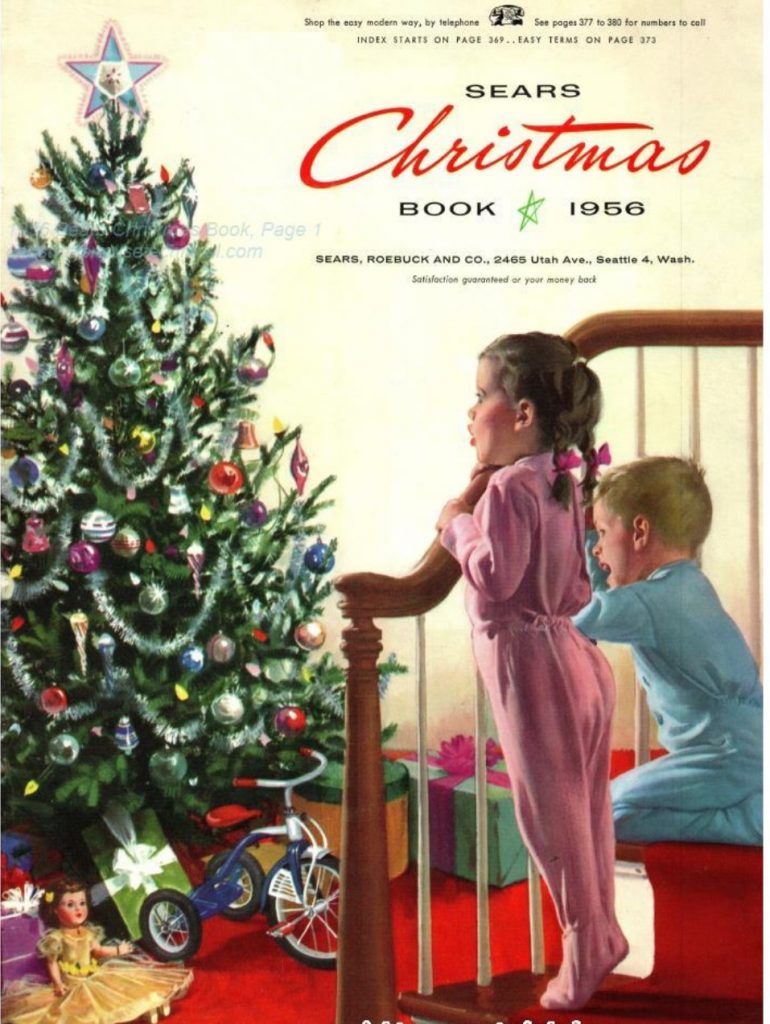 1950 Vintage Catalog: 1956 Sears Christmas Wish Book featuring two little kids in pajamas looking at the Christmas Tree filled with toys